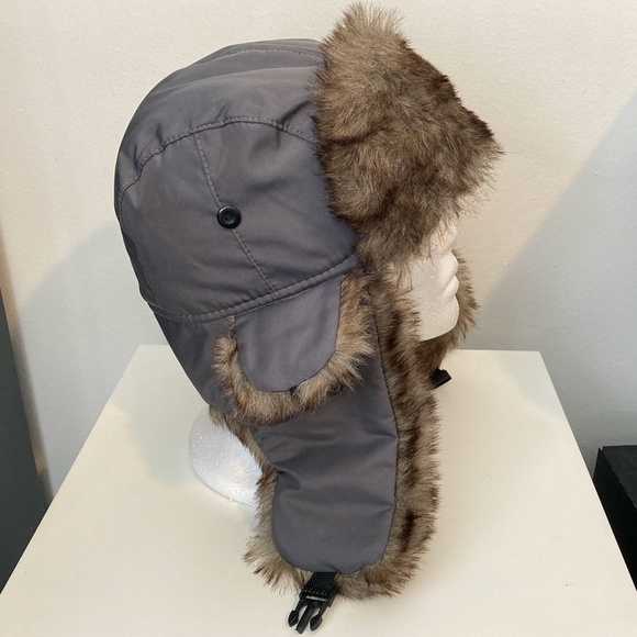 2 Gray Winter Trapper Hats With Brown Faux Fur - Picture 3 of 8